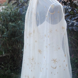 Wedding Veil - Blue, Cream, Black, Navy Gold Celestial Moon and Star Embroidery, Up to Cathedral Length Cape