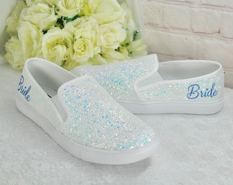 Beautiful White Glitter Bridal Shoes - Flat Wedding Trainers / Sneakers