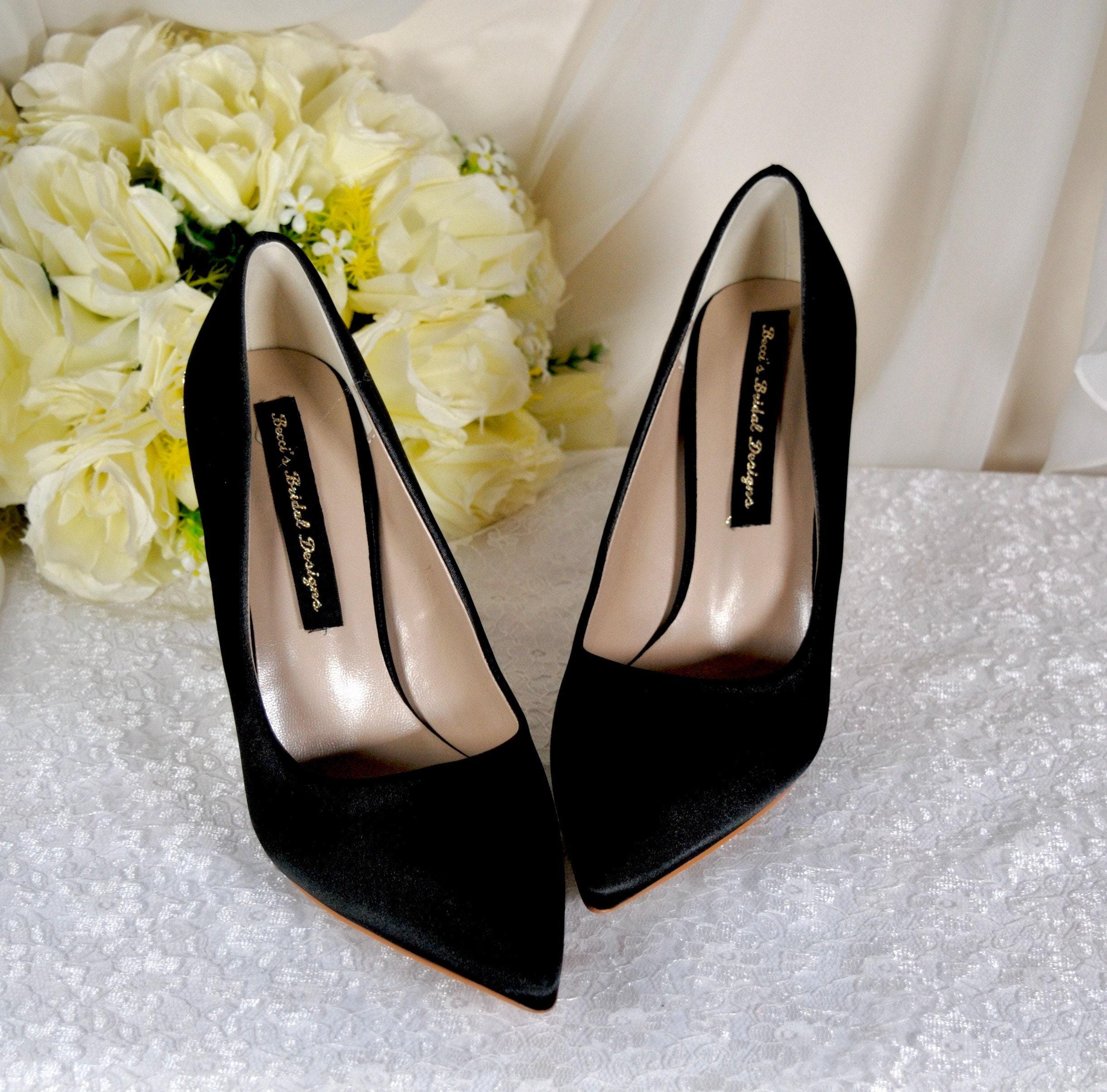 Black Satin Bridal Pumps: Gold Leaf Wedding Heels, image size:2444x2409