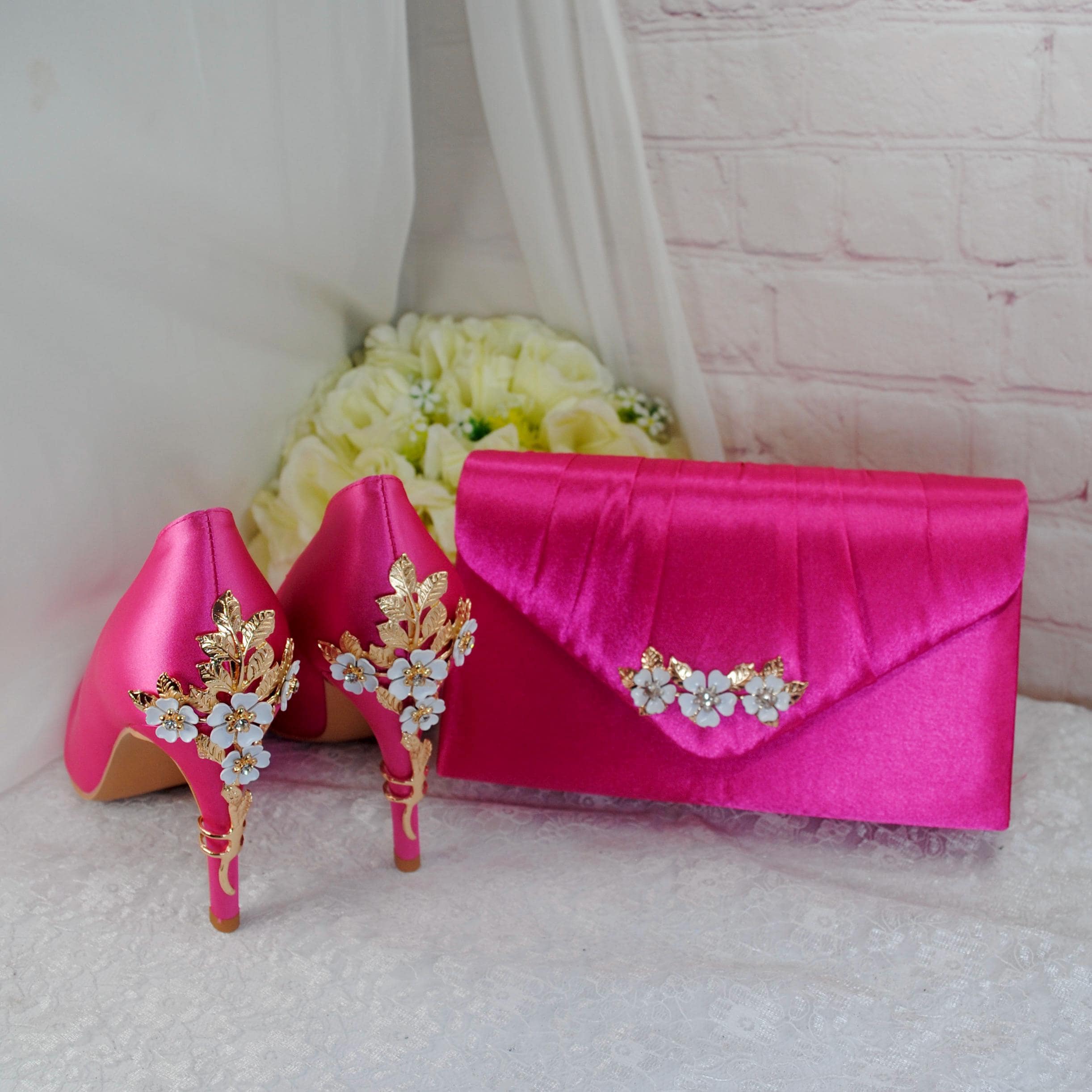 beccisbridaldesigns Pink Satin Heel, Clutch \u0026 Fascinator Set: Wedding Guest Outfit, image size:2444x2444