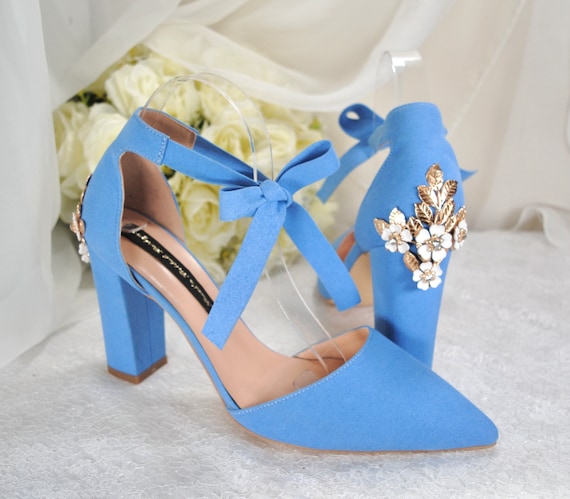 Beautiful Blue Suede Wedding Shoes With 'cherry Blossom', BLOCK