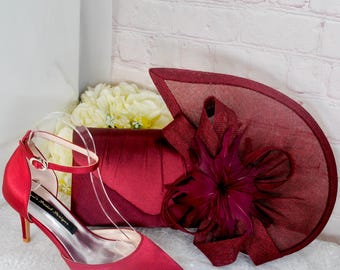 Burgundy Red Satin Heel and Clutch Bag Set: Handmade Bridal Shoes