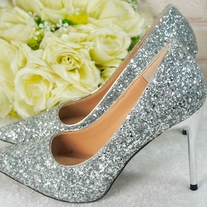 Silbergraue Glitzer Heels, funkelnde Schuhe für Hochzeitsgast Mutter der Braut Grouko6 / US8.5