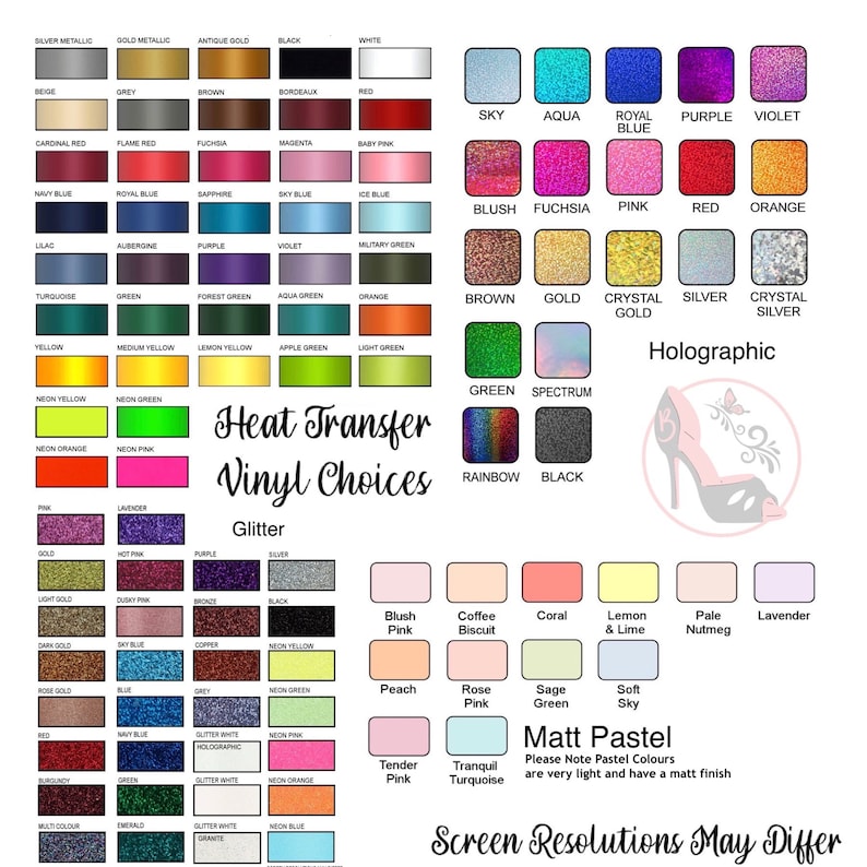 May include: A chart of heat transfer vinyl colors, including glitter, holographic, and matte pastel options. The chart is organized by color category and includes names for each color.
