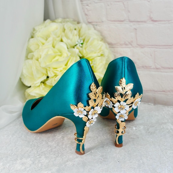 teal dress gold shoes Satin Bridal Heels: Handmade Turquoise Wedding brick