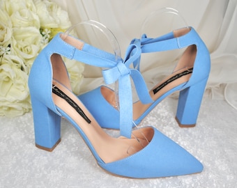 Light Blue Suede Block Heel with Ankle Strap, Women Wedding Shoes, Bridesmaids Shoes, Bridal Shoe, Bridal Heels, Bride Pumps, Something Blue