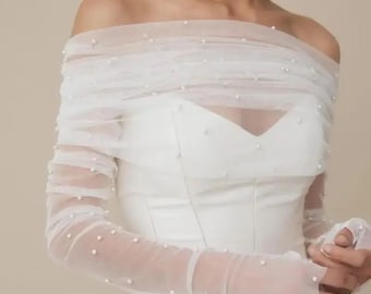 Wedding Pearl Veil Alternative, Soft Bridal Tulle Dress Cover, Ivory or White Bolero and Glove Set, Pearl Embellished Wedding Dress Topper