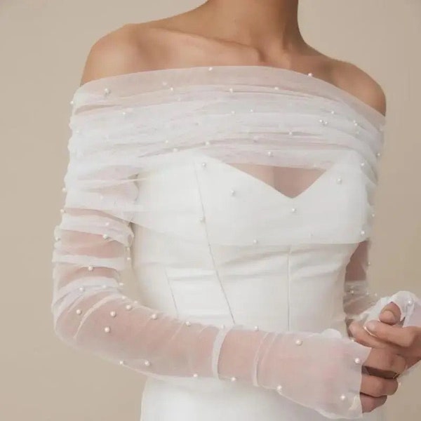 Alternative voile de perles de mariage, couverture de robe de mariée en tulle doux, boléro ivoire ou blanc et ensemble de gants, haut de forme pour robe de mariée orné de perles