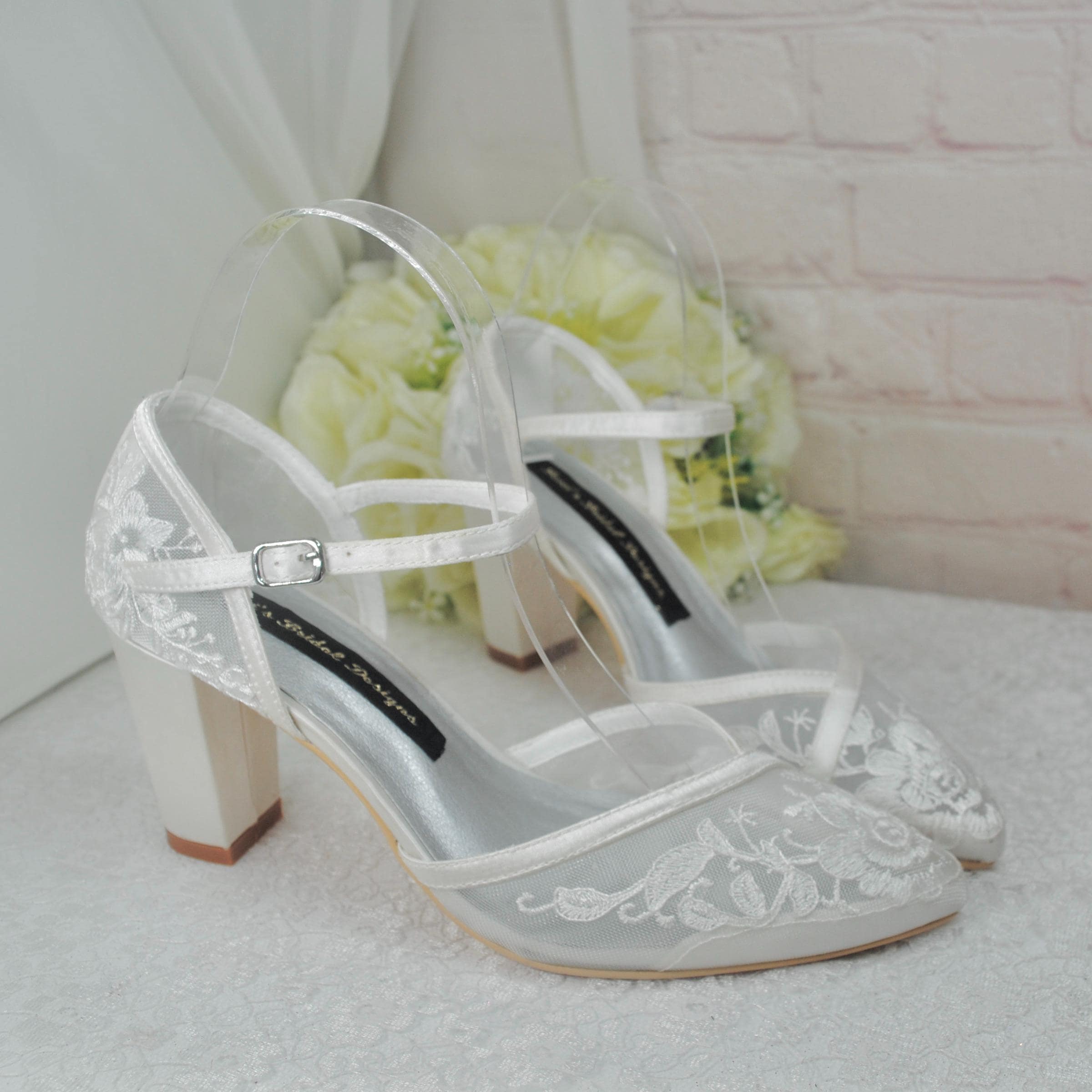 Bridal White Floral Illusion Mesh Lace Block Heels: Embroidered Sandals UK5/US7.5