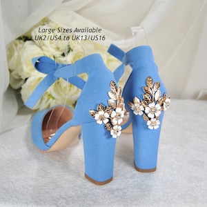 Beautiful Blue Suede Wedding Shoes with 'Cherry Blossom', BLOCK HEEL Shoes, Embellished Bridal Shoes, Wedding Heels for Bride, Large Sizes