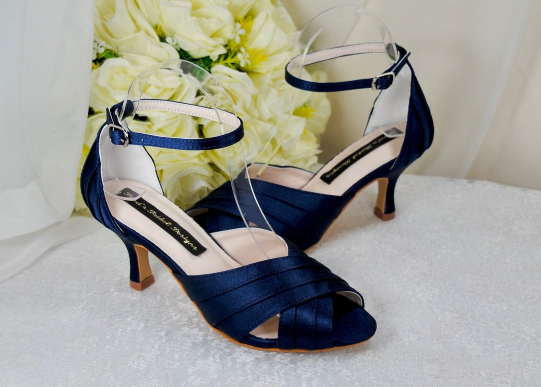 Ankle Strap Comfortable Wedding Shoes Low Heel Navy Satin Bridal