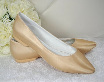 Gold Satin Bridal Flats: Custom Colour Pointed Toe Wedding Shoes