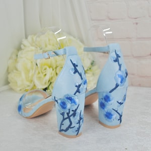 Beautiful Blue Suede Bridal Sandals with Floral Blossom Embroidery, Wedding Shoes with Ankle Strap, Bridal Shoes with Block Heel