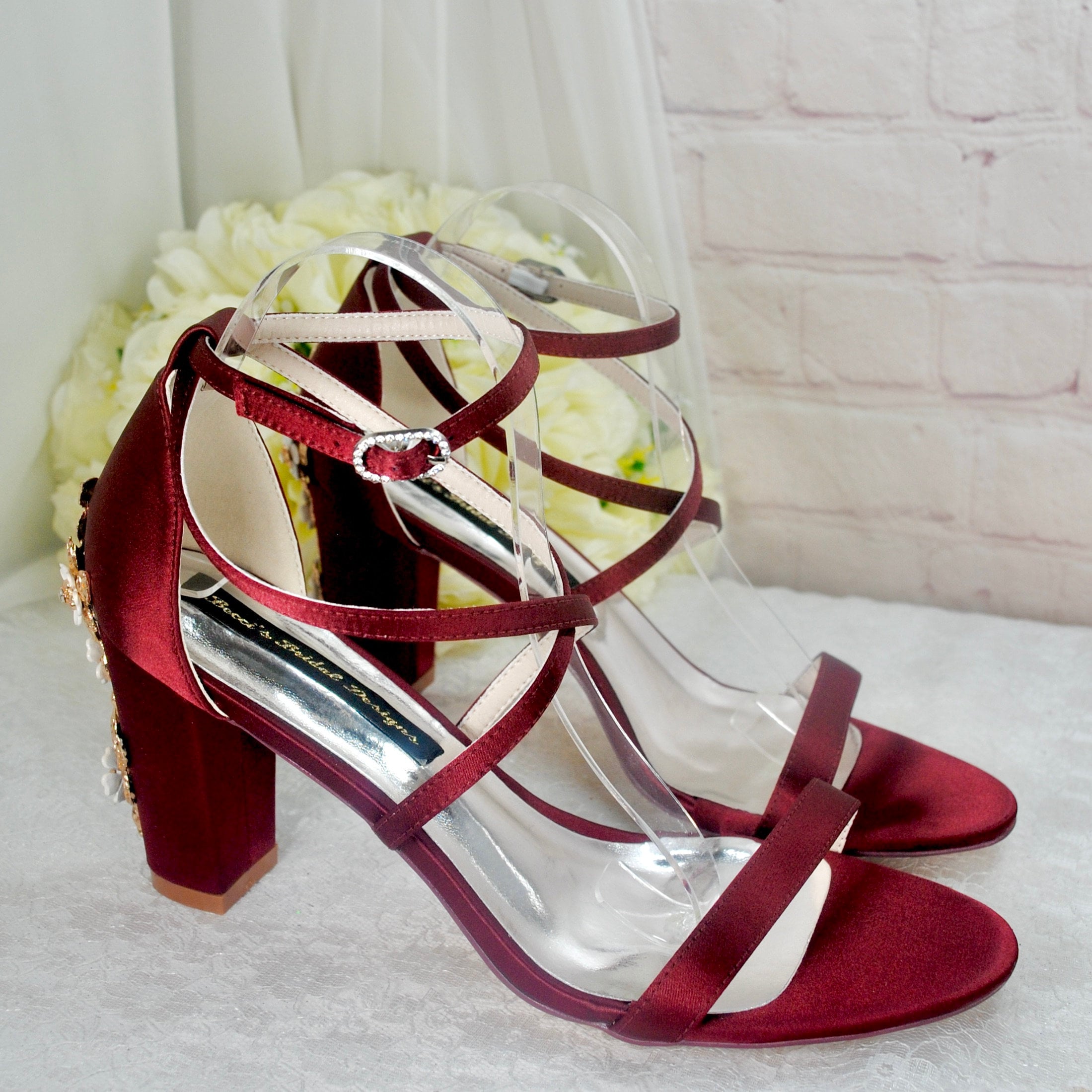 LauraVicci Women's Rose Red Heeled Sandals - Ankle Strap, Rhinestone Crystal, Chunky Block Heel Open Toe