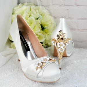 Ivory Satin Heels, Cherry Blossom Heel Shoes for Wedding Guest Mother of the Bride Groom