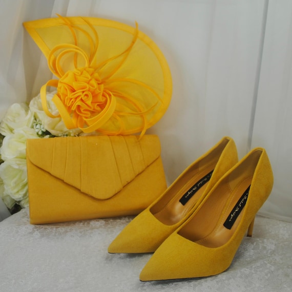Mustard Yellow Suede Bridal Set: Heels, Clutch Bag & Fascinator