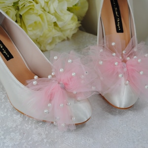 Ivory Pearl Tulle Shoe Bow Clips: Pink Bridal Wedding Accessory