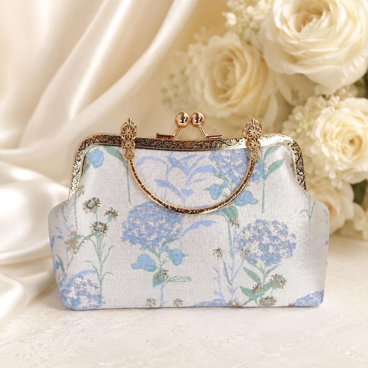 Floral Bridal Clutch: Luxury Blue Hydrangea Embroidered Bag