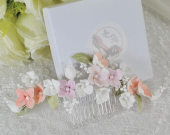 Porcelain Flower Bridal Hair Comb: Spring Colour Pearl Wedding Hair Accessory