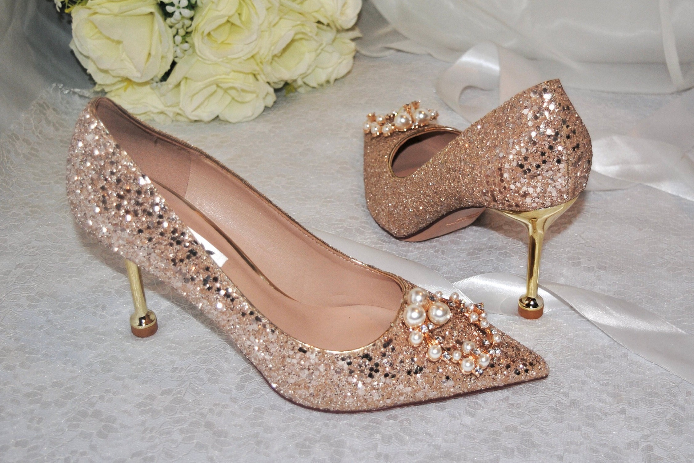 Sparking Champagne Gold Glitter Wedding Shoes Light Gold | Etsy UK
