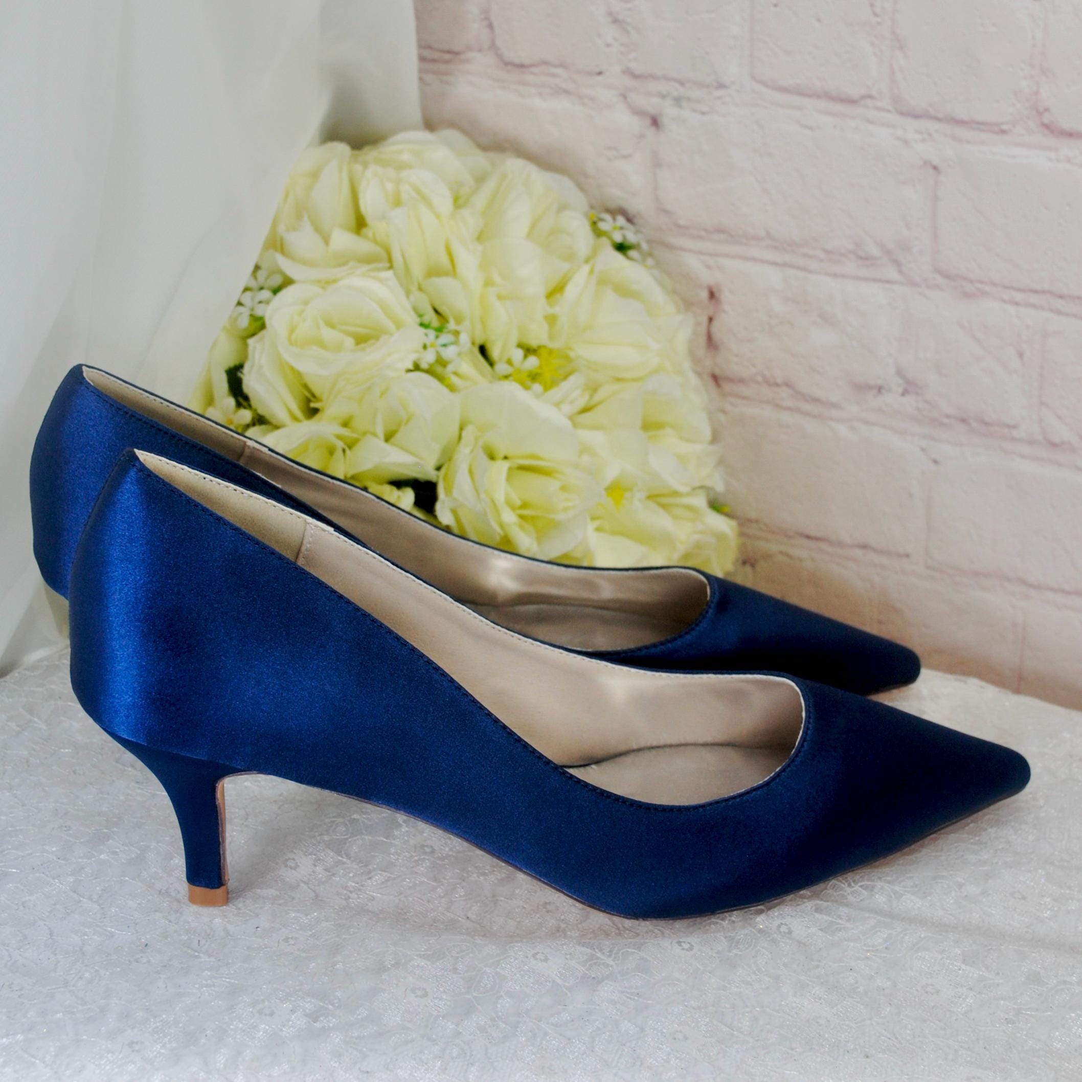 Navy Satin Kitten Heel Shoes: Elegant Wedding Guest Comfort, image size:2116x2116