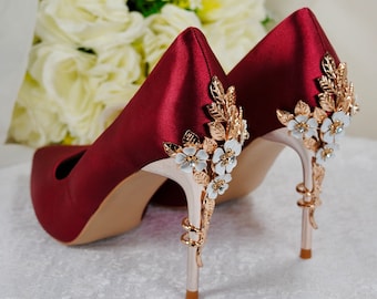 Burgundy Red Satin Bridal Shoes with Gold  'Cherry Blossom', Embellished Wedding Heels, Shoes for Bride, Special Occassion Pumps