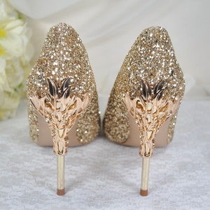 Designer Wedding Shoes, Beautiful Glitter Heels with Metal Leaf Vines, Custom Bridal Shoes