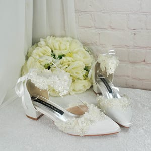 Handmade Ivory Satin Bridal Shoes: Floral Lace & Pearl Block Heels
