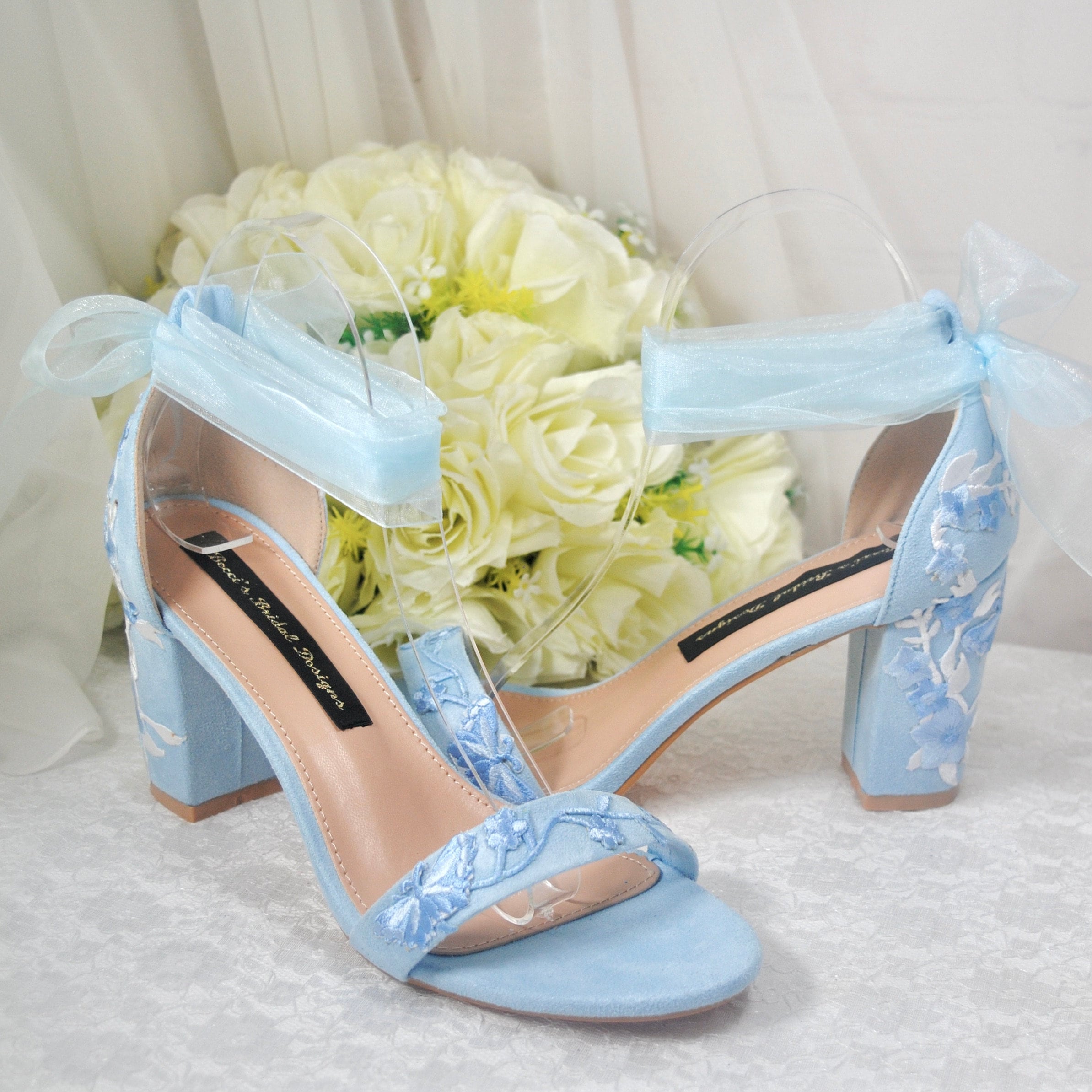 Blue Suede Bridal Sandals With Floral Embroidery Wedding Shoes With Ankle Strap Bridal Shoes With Block Heel Etsy