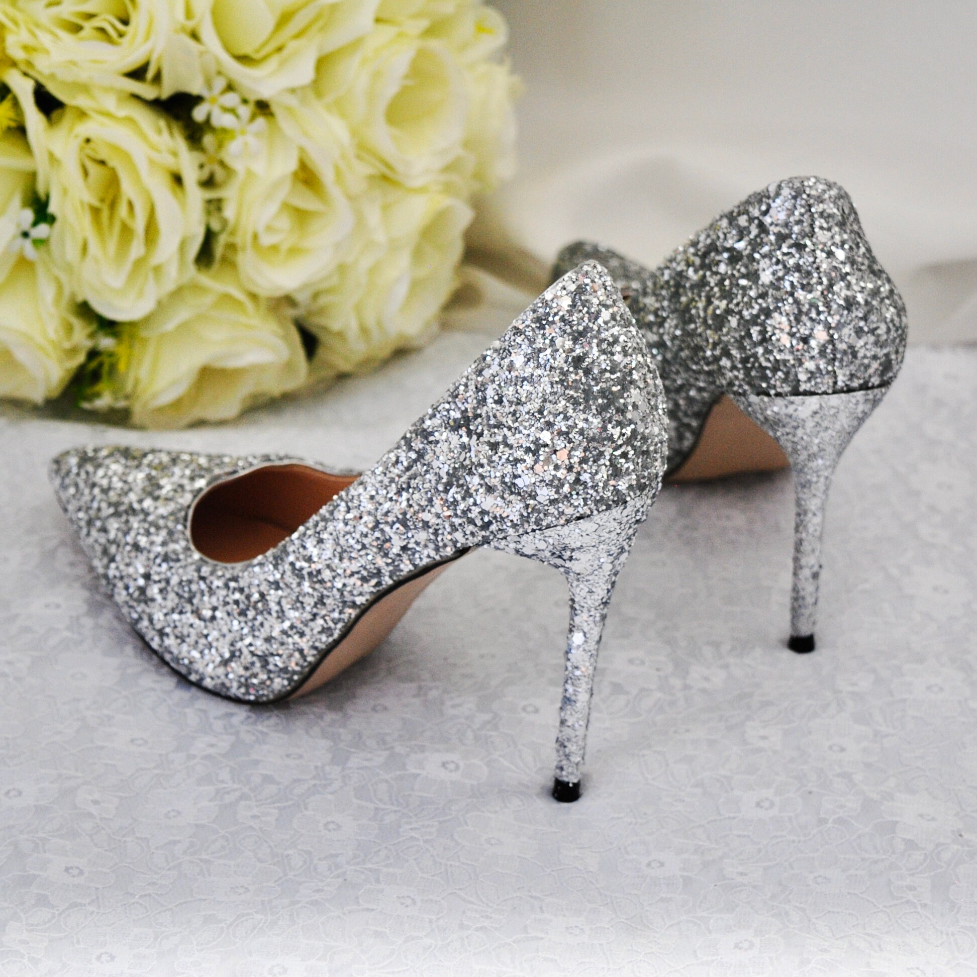 Silver Glitter High Heels Premium Handmade Comfortable Shoes. Etsy
