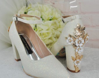 Ivory Shimmer Satin Block Heels: Handmade Cherry Blossom Wedding Shoes