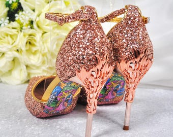 Rose Gold Glitter Bridal Heels: Rapunzel Theme Wedding Sandals