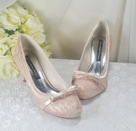 Lace Wedding Shoes: Ivory Champagne Vintage Bridal Heels With Bow