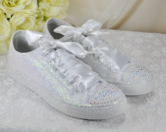 Beautiful White Glitter Bridal Shoes - Flat Wedding Trainers / Sneakers - Size UK8/US10.5