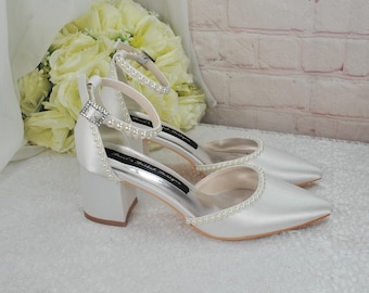 Handmade Ivory Satin Bridal Heels: Pearl Ankle Strap Block Heel Shoes (UK3/US5.5)