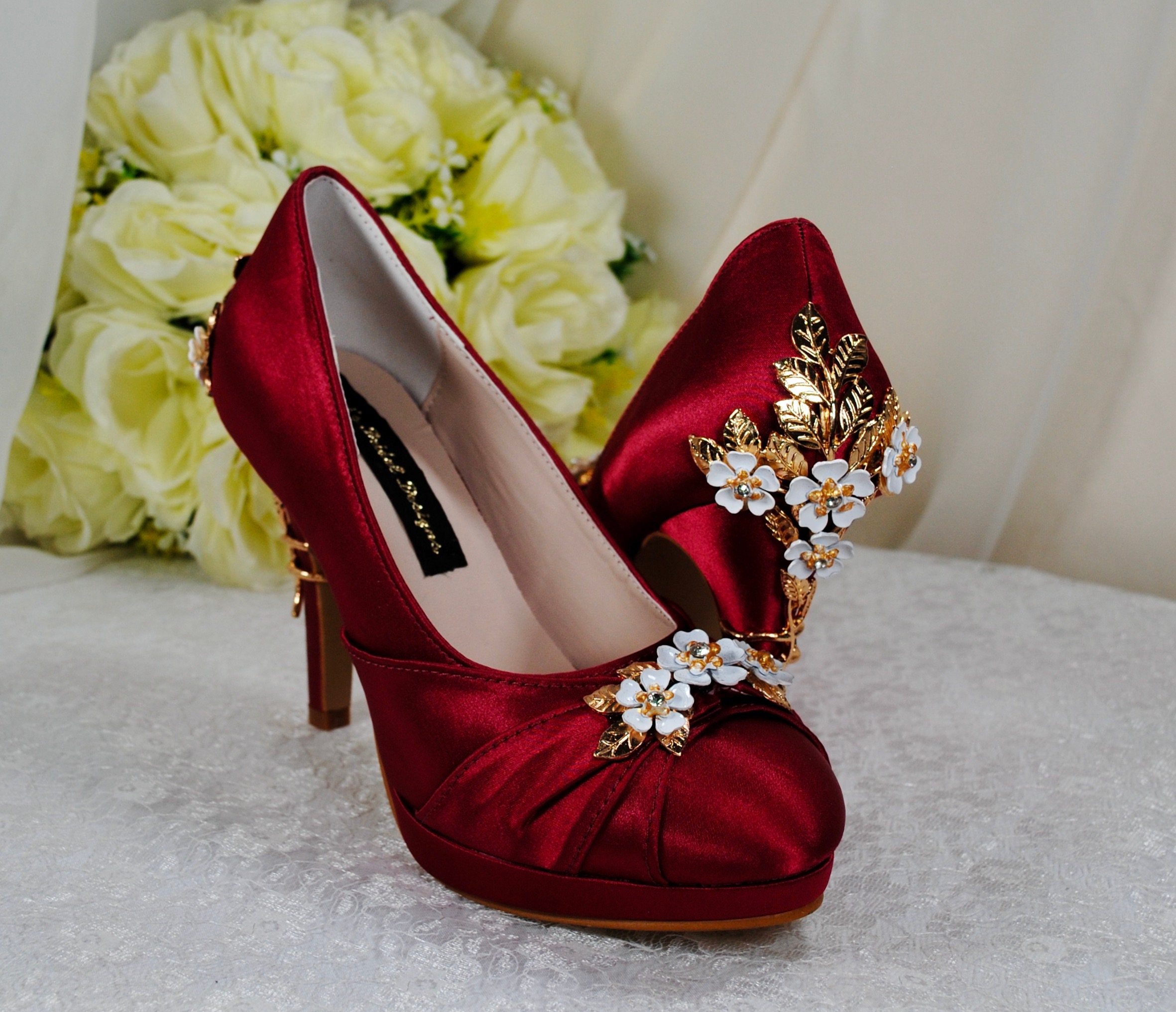 burgundy bridesmaid dress shoes Satin Platform Shoes, Wine Red Wedding Heels, Flower Cherry Blossom Bridal Shoe Color:Blue Lark