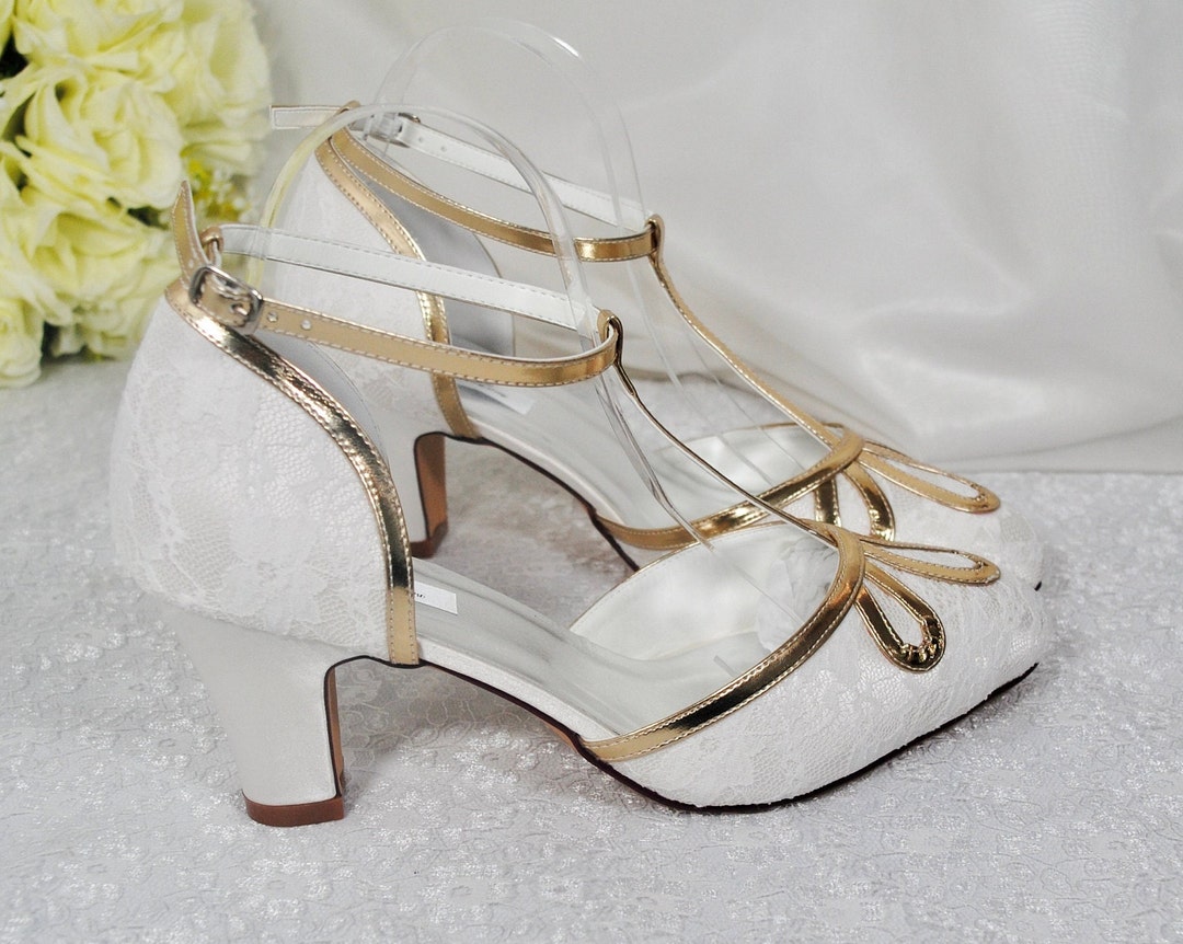 Satin & Lace Vintage Inspired Ivory Gold T Bar Wedding Shoes Bridal ...