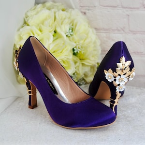 Handmade Purple Satin Bridal Shoes: Cherry Blossom Heel Decoration