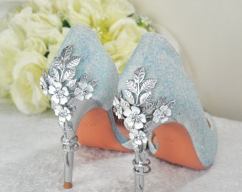 Blue Shimmer WEDDING SHOES, Sparkling Glitter Bridal Shoes, Filigree Vine Heels, Shoes for Bride, Custom Womens Shoes,