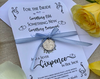 Recuerdo de boda - Sixpence 'Algo viejo, nuevo...' Moneda de zapato del día de la boda de la novia. Auténtico recuerdo de seis peniques de plata y poema. Regalo perfecto.