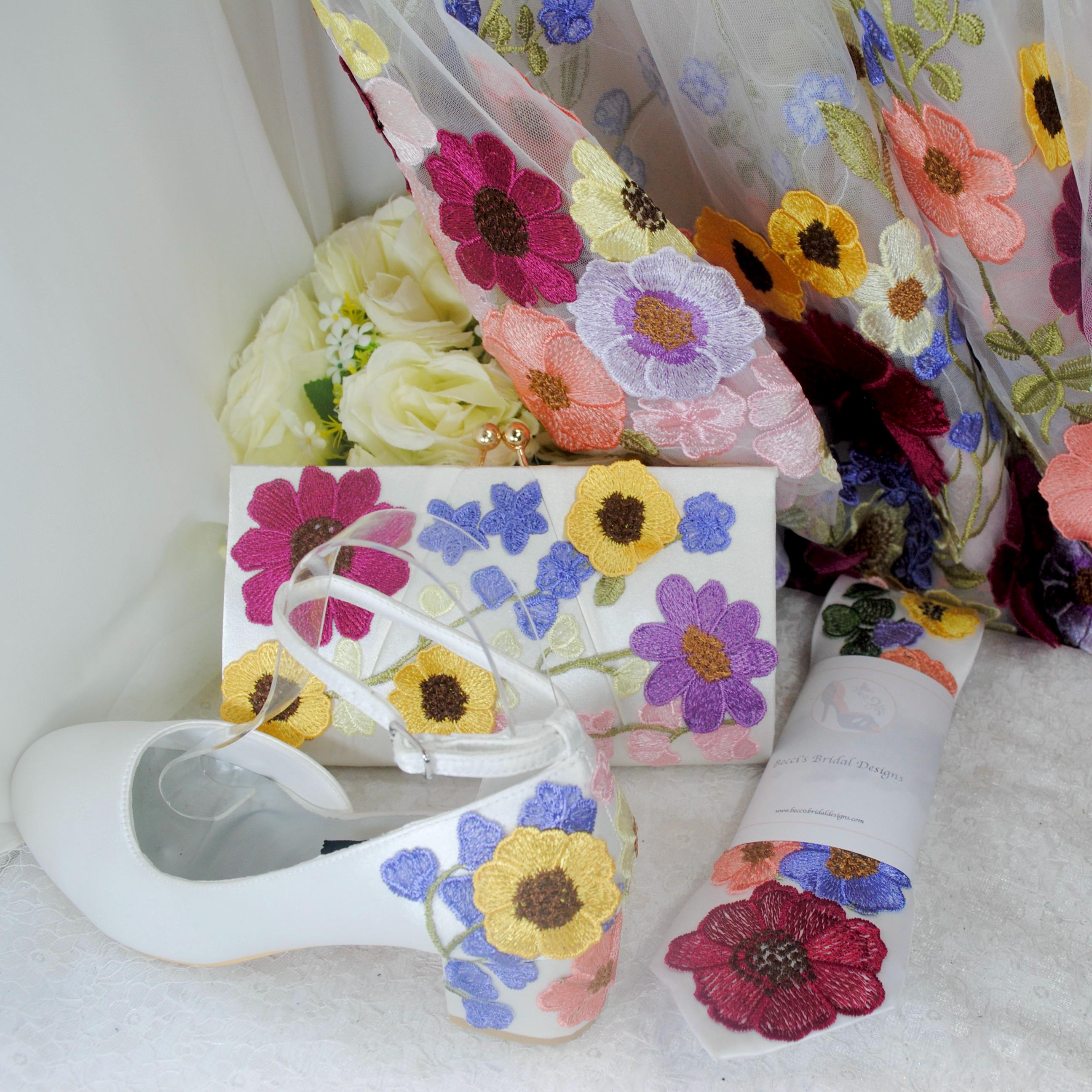 Floral Embroidered Block Heel Sandals With Matching Clutch - Etsy