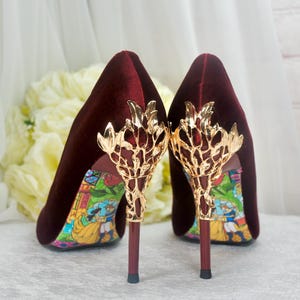 Burgundy Velvet Stiletto Heels with Gold Vine Details, Wine Red Handmade Luxury Bridal Shoes image 2