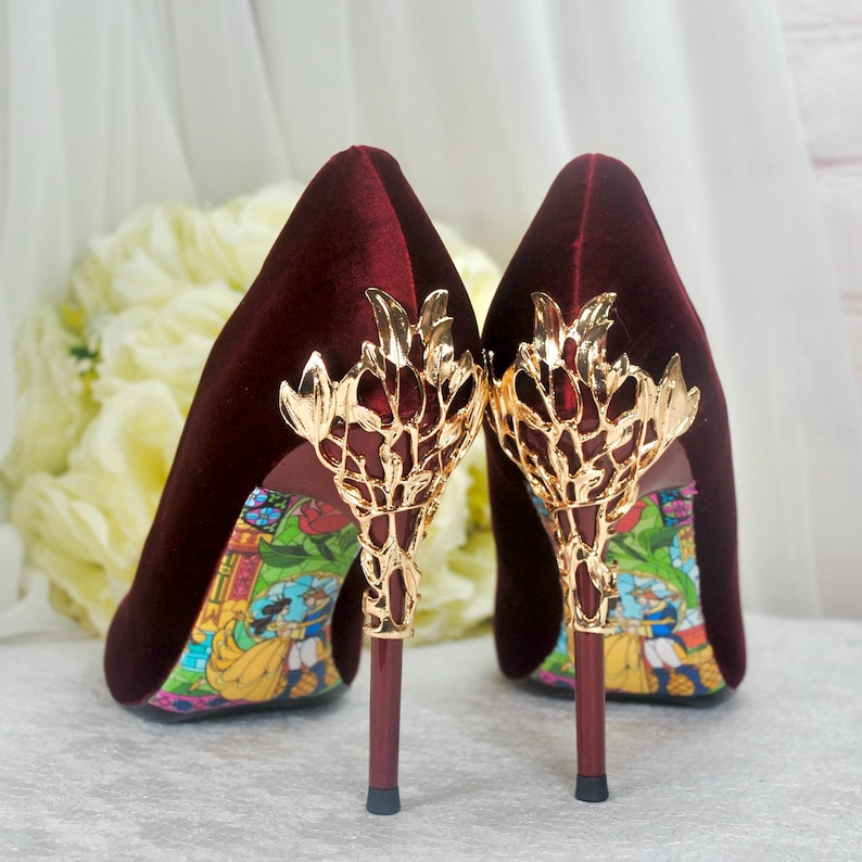 Burgundy Velvet Stiletto Heels with Gold Vine Details, Wine Red Handmade Luxury Bridal Shoes image 2