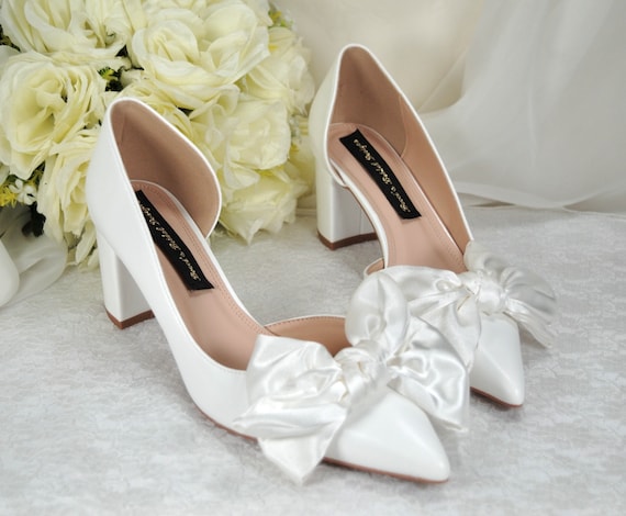 Scarpe da sposa bianche, scarpe con tacco a blocchi, tacco a