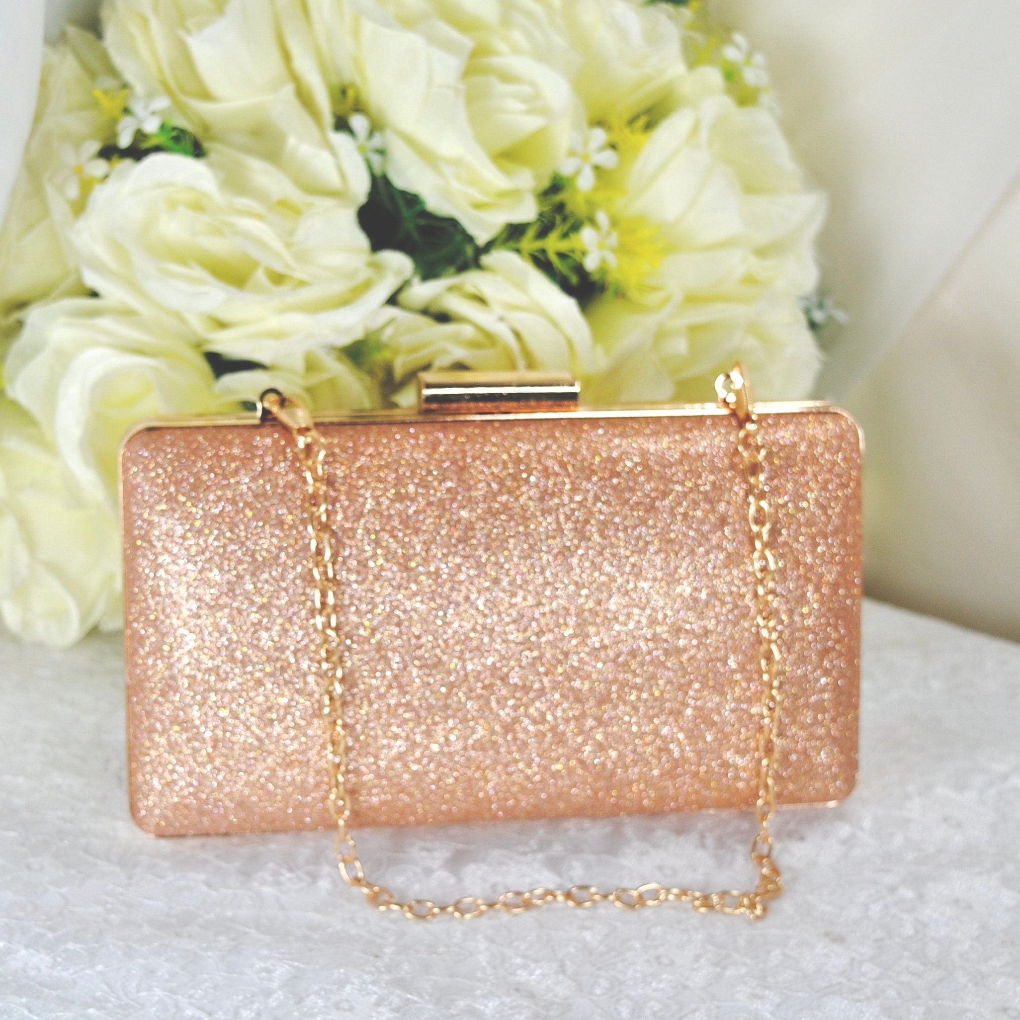 Rose Gold Women s Evening Clutch Bag Smooth Glitter Finish