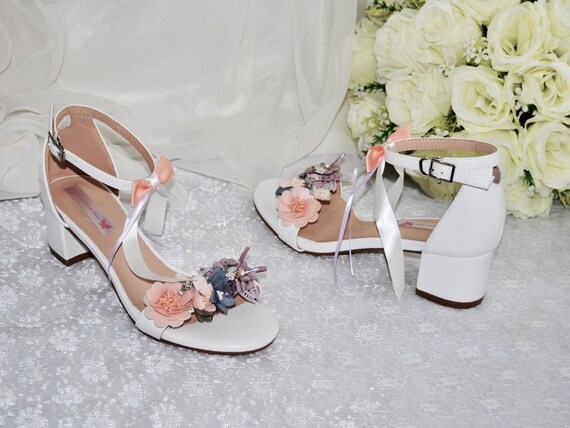 Floral Block Heel Sandals Low Heel Bridal Shoes for Bride