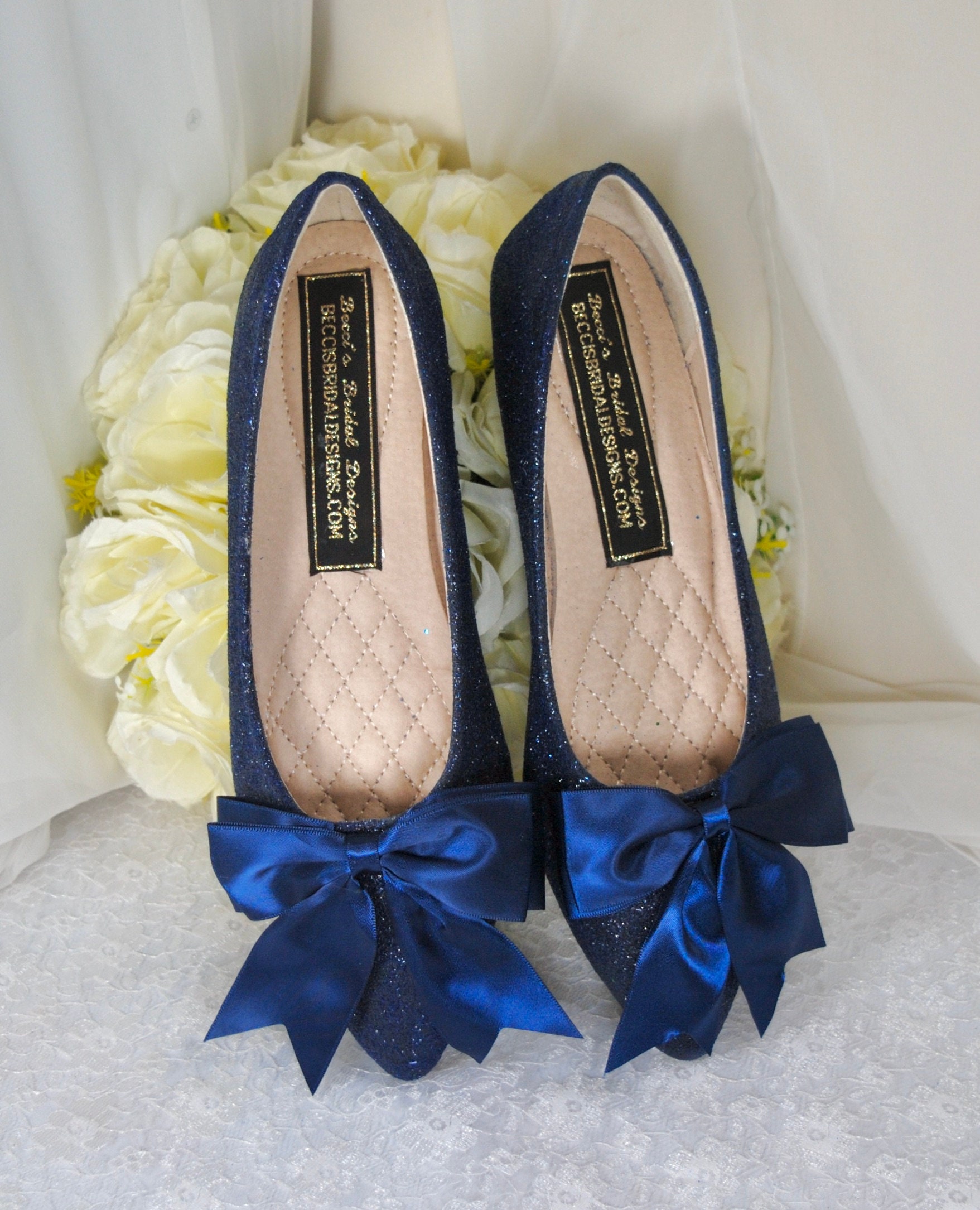 Navy Blue Flat Shoes With Satin Bow, Custom Colour Bridal Flats