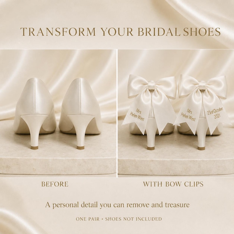 May include: A pair of ivory satin shoe clips shaped like bows, featuring custom gold text that reads Mrs. Helen West and 23rd October 2021. The clips are shown attached to the heels of ivory pumps, demonstrating a before and after transformation.