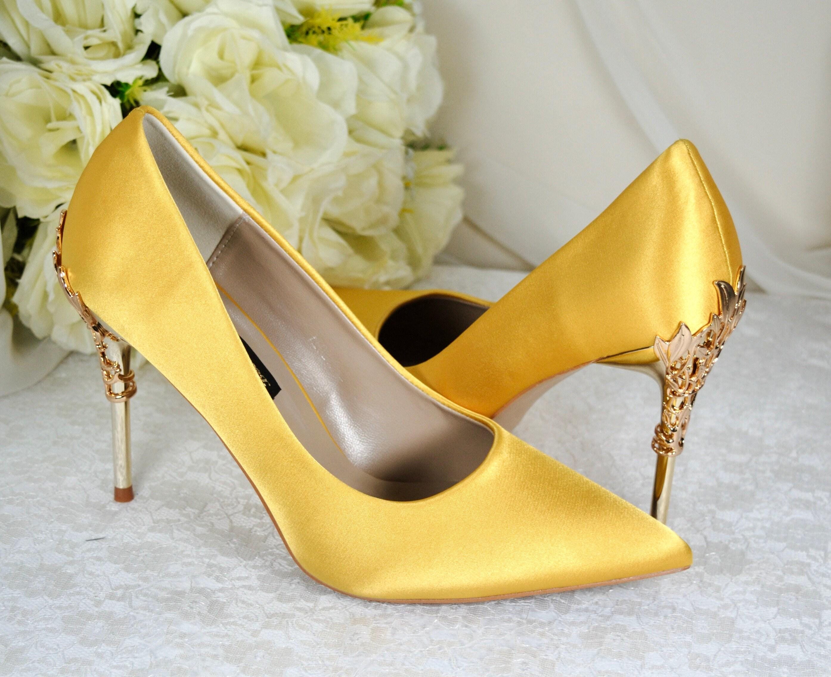 Yellow Satin Wedding Heels: Handmade Bridal Pumps with Gold Leaf Yellow Satin Wedding Heels: Handmade Bridal Pumps with Gold Leaf