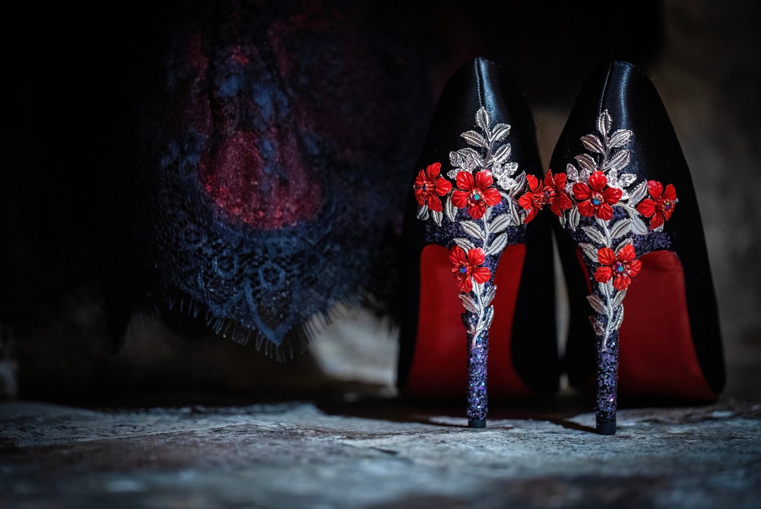 Beautiful Black Satin With cherry Blossom Embellished Heels Bridal Wedding Shoes Custom Evening Shoes Red Soles Etsy